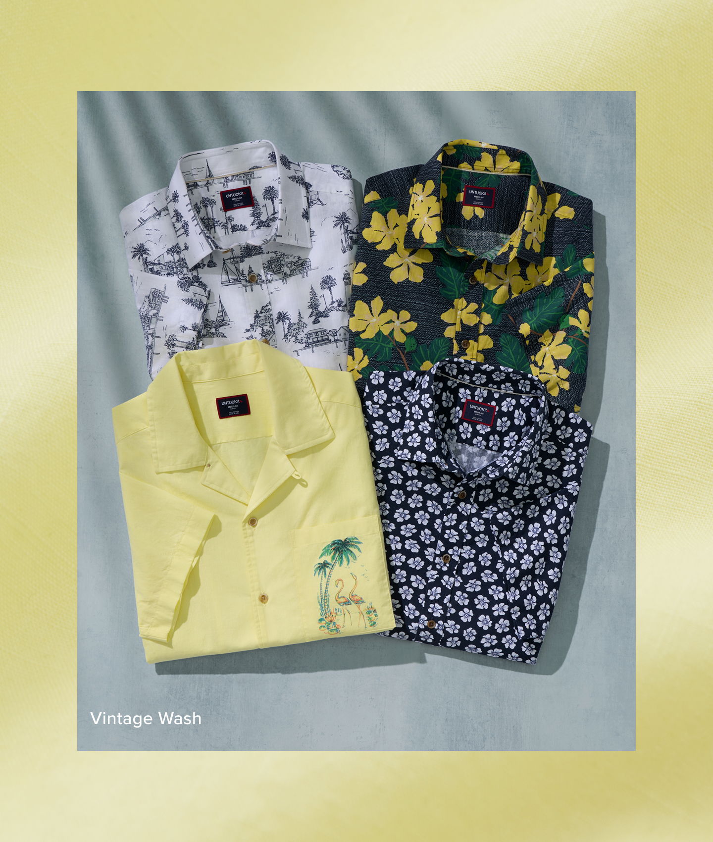 Four colorful vintage shirts displayed on a light background.