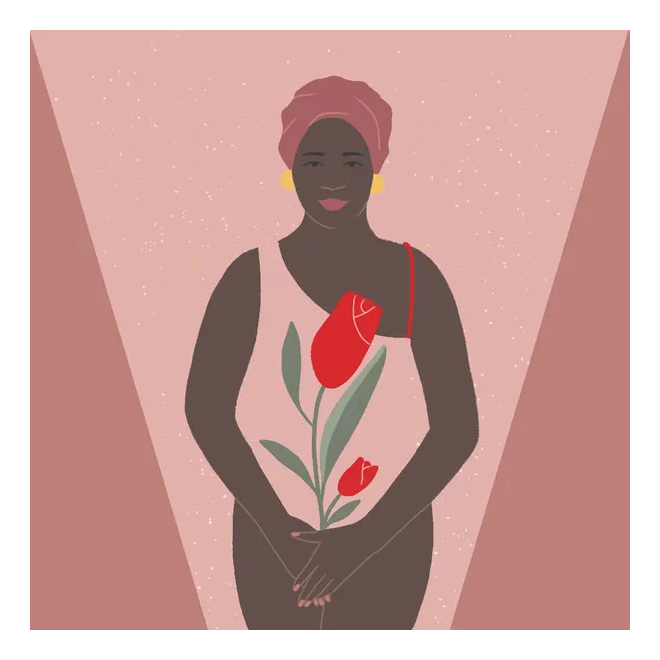 Ilustração de mulher de frente, utilizando um body, turbante na cabeça, segurando uma rosa nas mãos que estão na frente da virilha