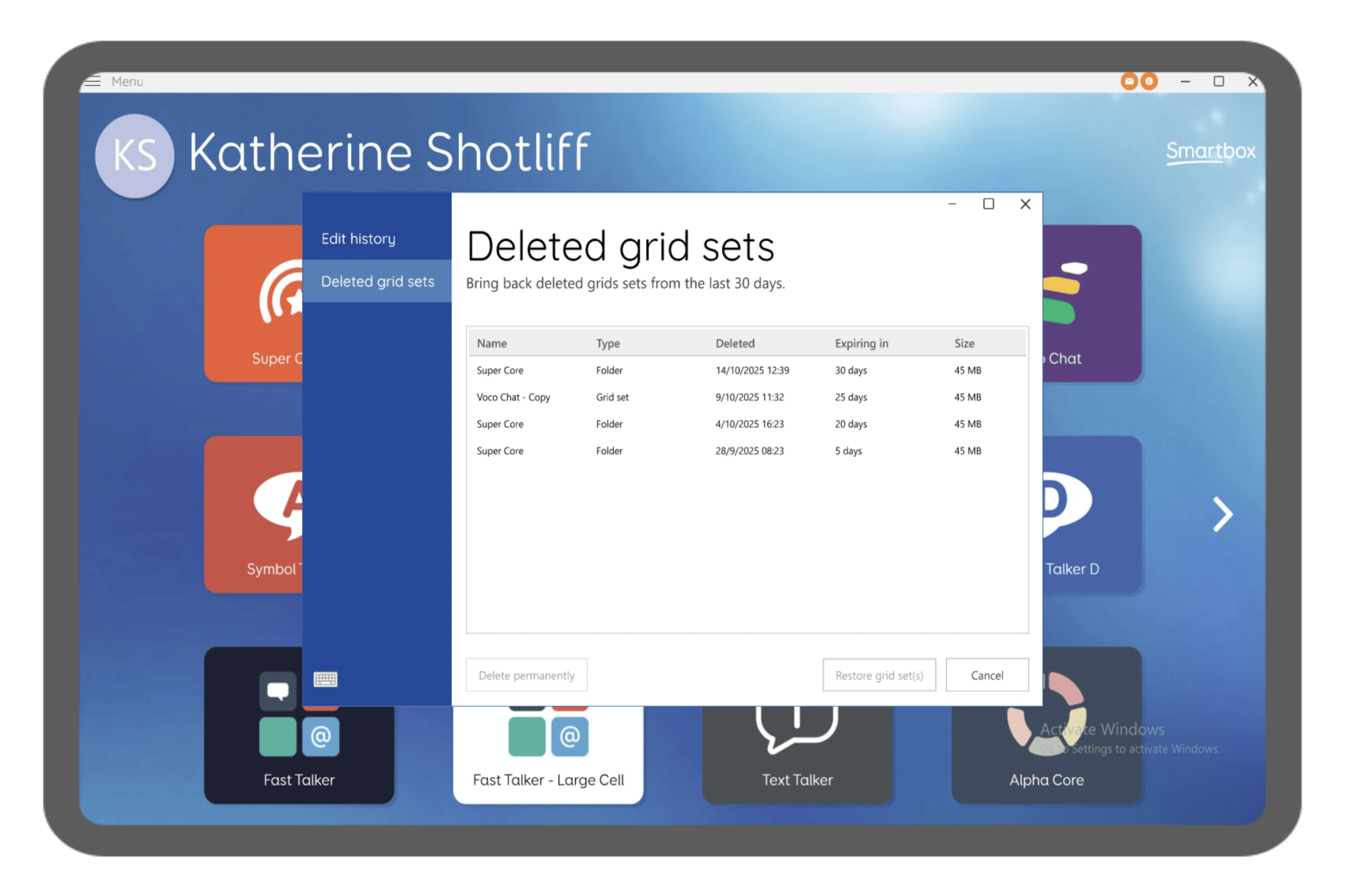User interface displaying deleted grid sets information.