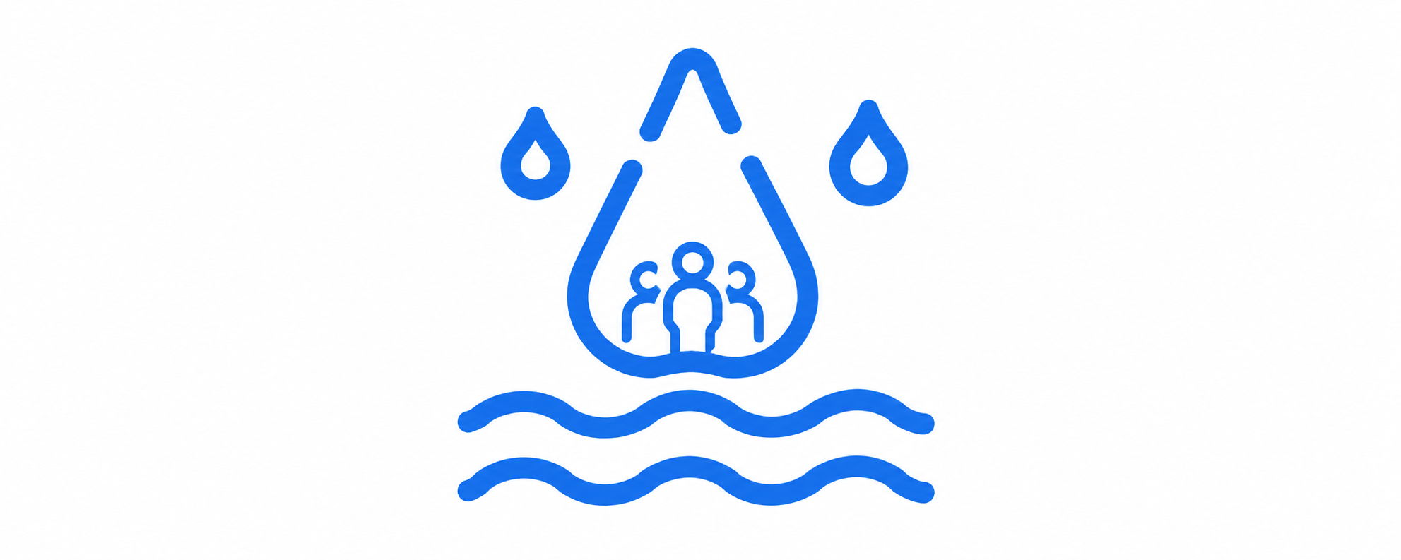 Illustration of a water droplet with people inside and wavy lines below.