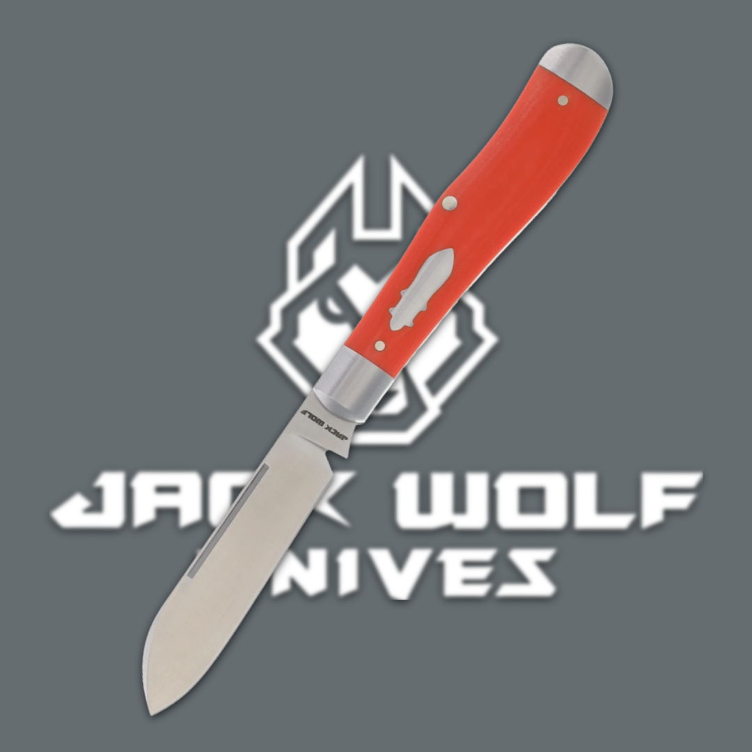 A folding knife with a red handle against a logo background.