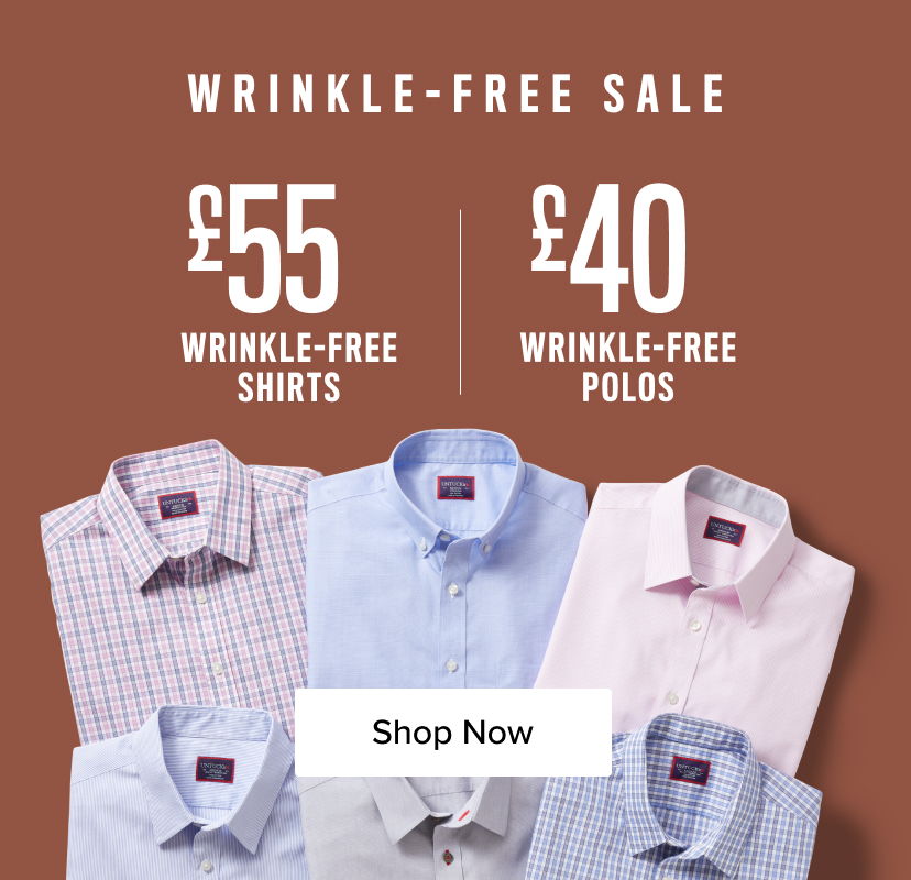Wrinkle-free sale featuring shirts and polos with prices.