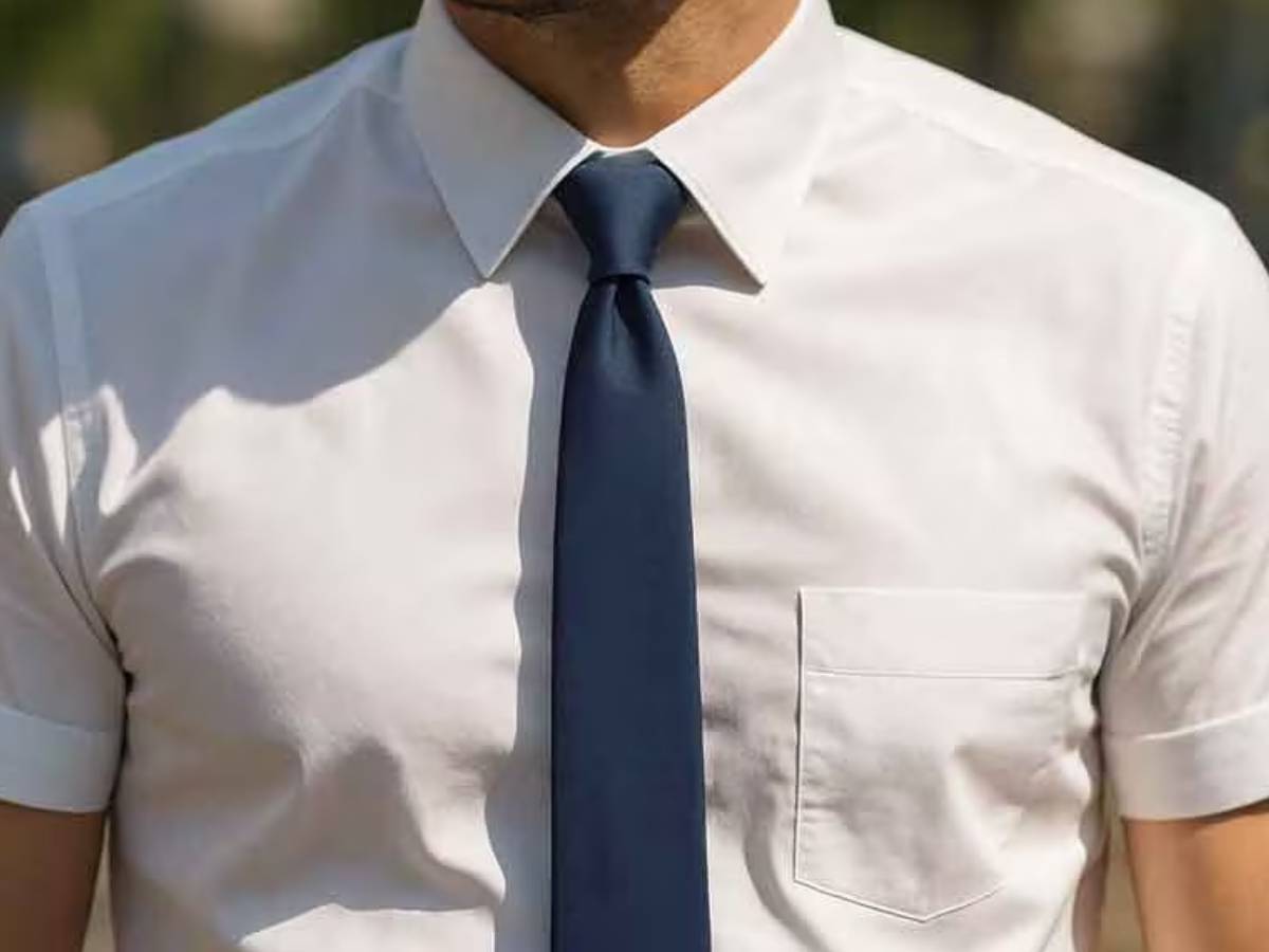 Man wearing a short sleeve white shirt and navy blue necktie