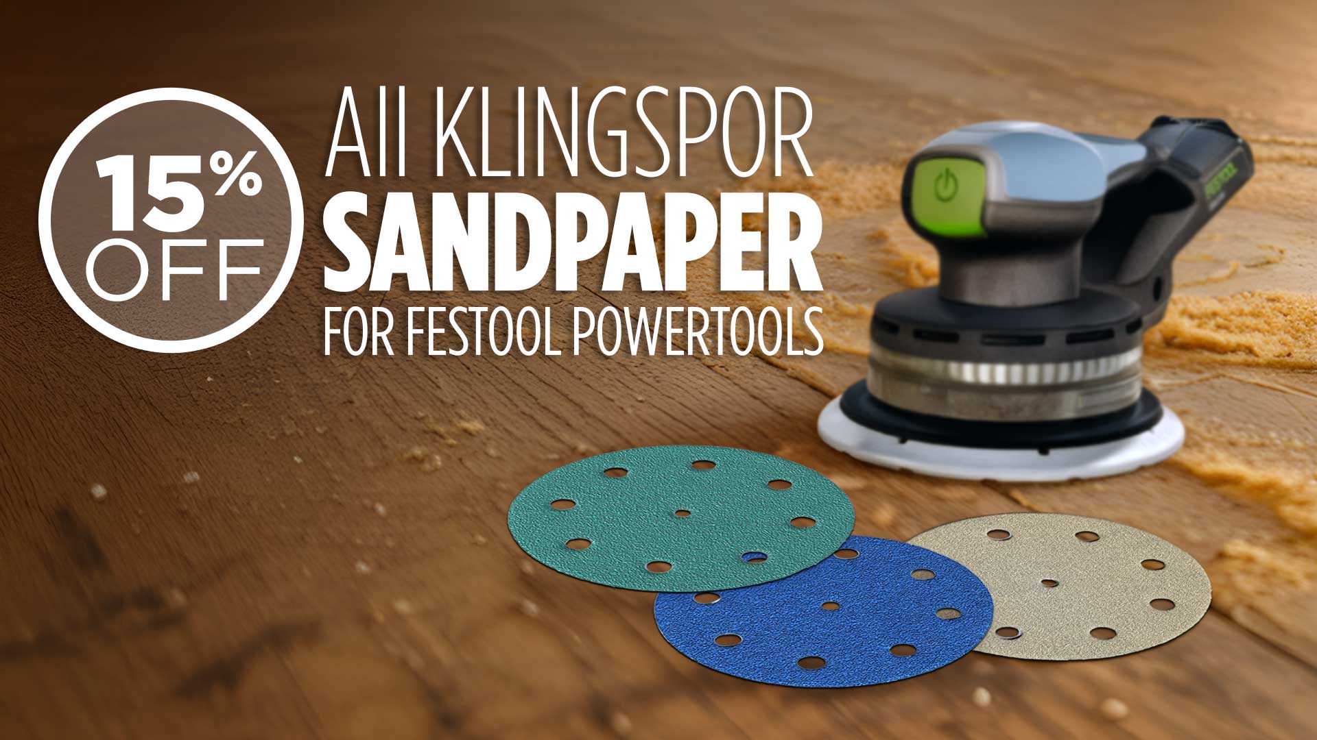 Promotional image for Klingspor sandpaper with Festool power tools discount.