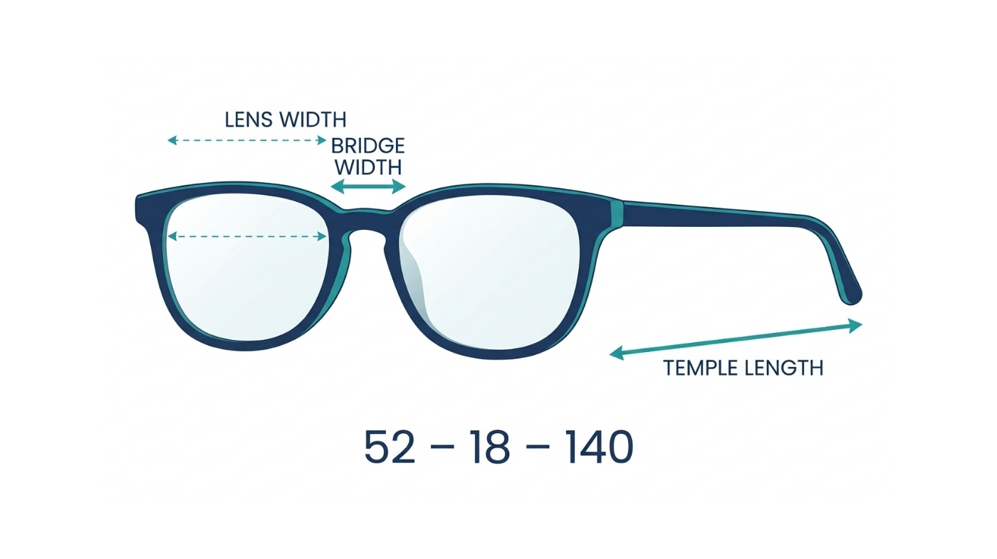 Diagram of eyeglasses frame measurements showing lens width, bridge width, and temple length labeled with arrows and example numbers 52-18-140