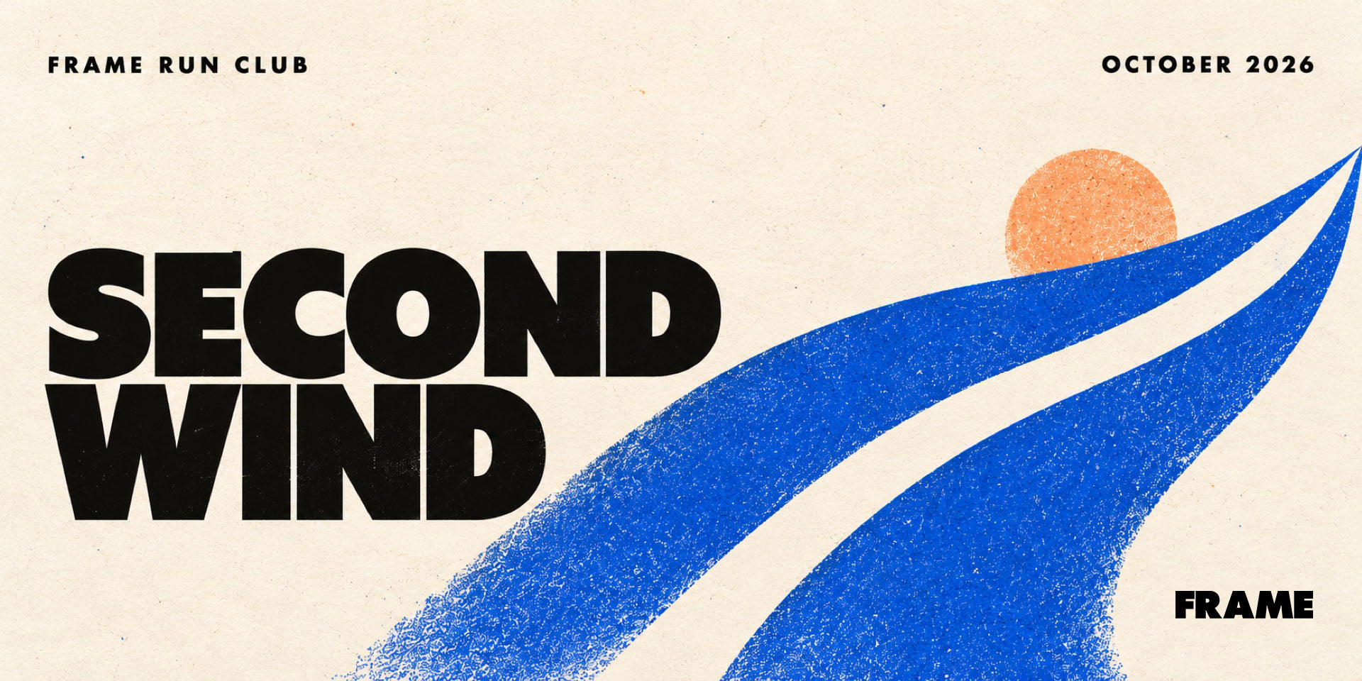 SECOND WIND — FRAME RUN CLUB October 2026 playlist. Cobalt blue wind lines and an apricot sun on ivory paper.