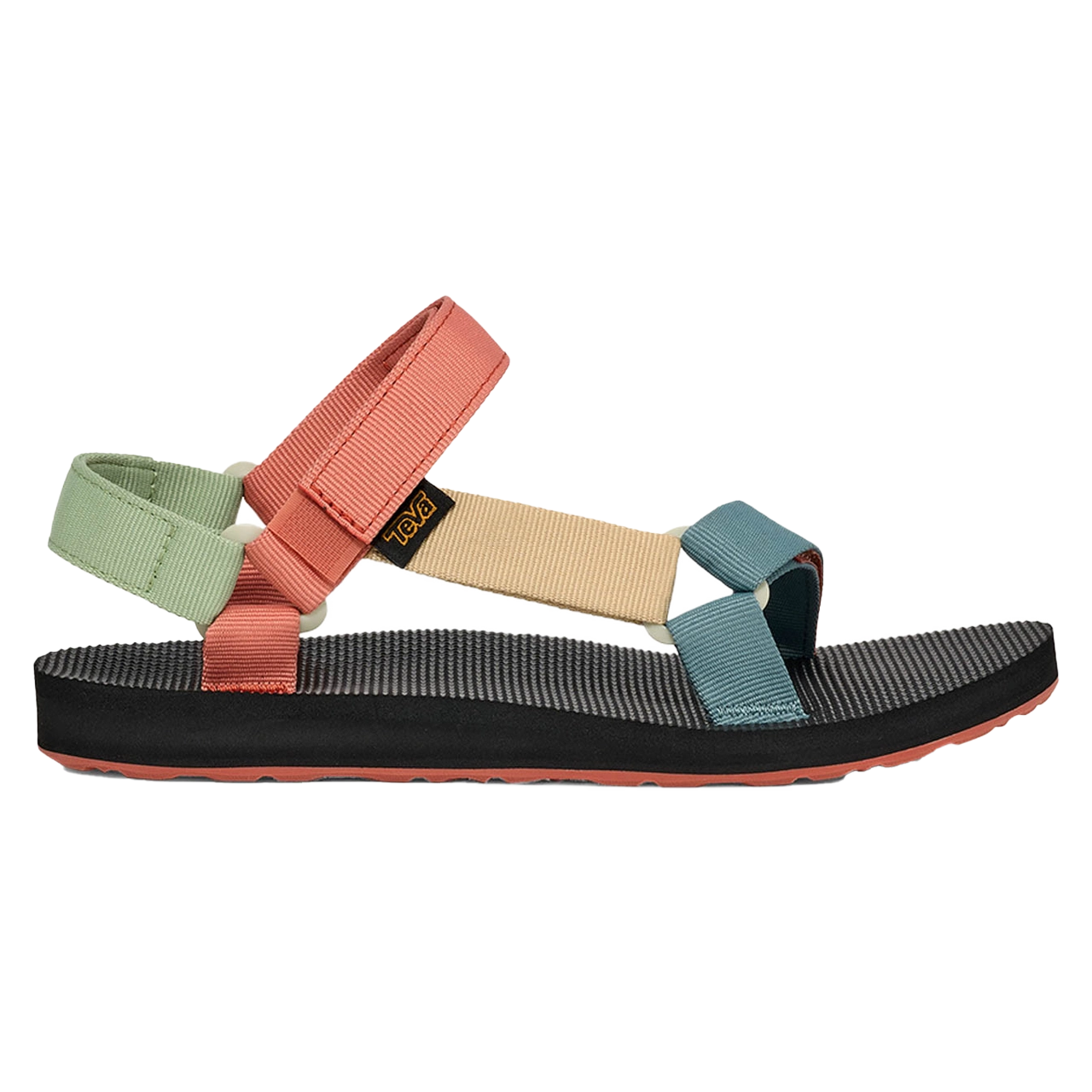 Colorful sandal with adjustable straps and a textured sole.