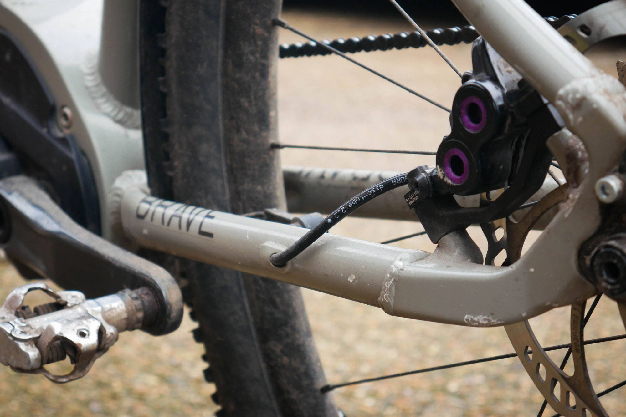 Close up of purple Magura brakes
