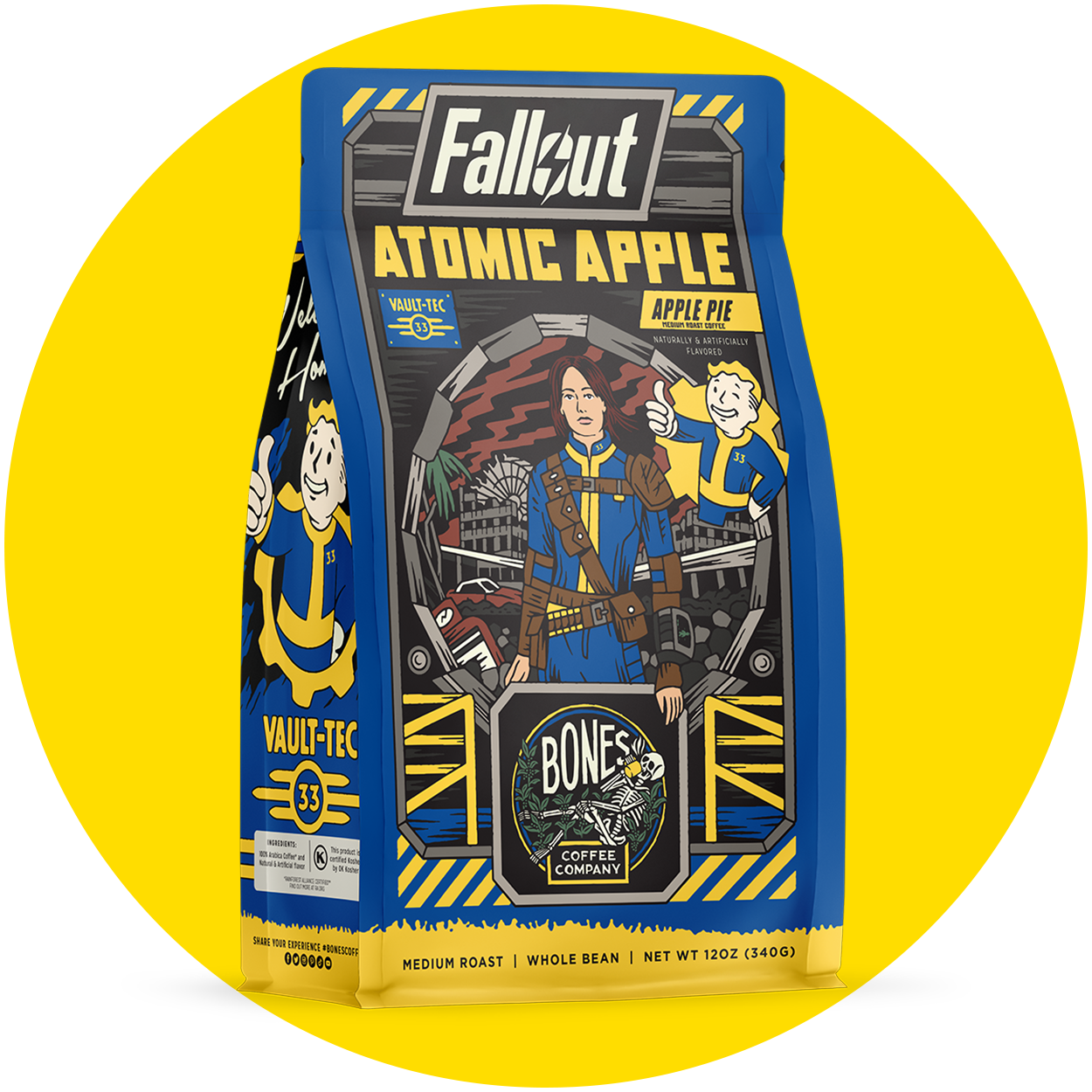 A 12 ounce bag of flavored coffee inspired by Fallout named Atomic Apple. Its flavor is apple pie. On the art is Lucy from the Fallout show. A yellow circle is behind the 12 ounce bag.