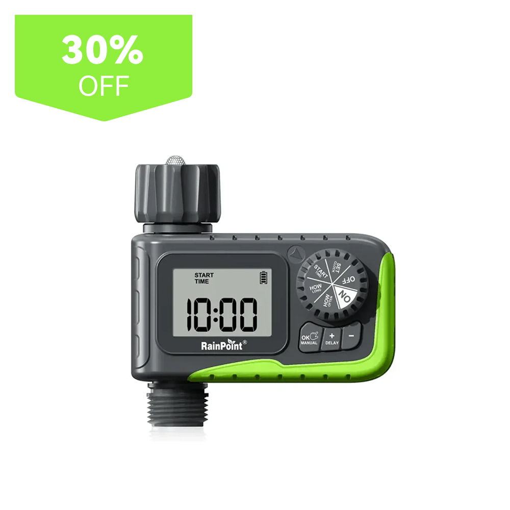 Digital irrigation timer with discount label.