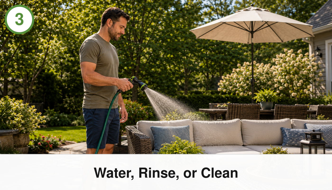 Man watering outdoor furniture with a hose in a garden setting.