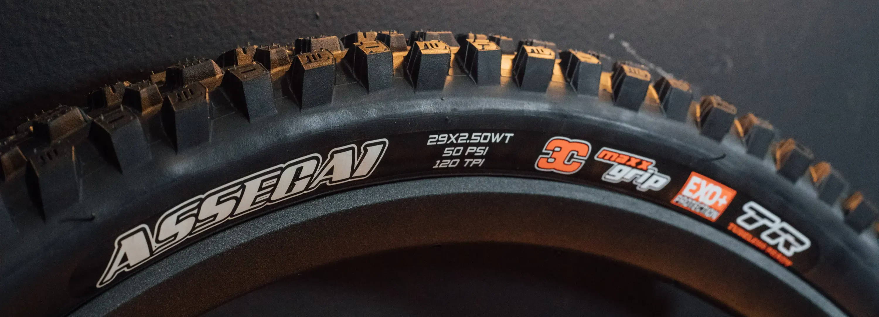 Maxxis Assegai MTB tire detail of sidewall labels 3c maxx grip exo+ protection