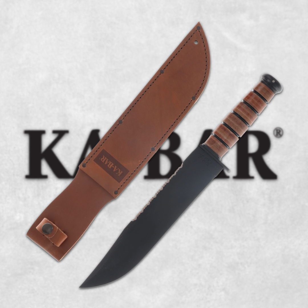 KA-BAR knife with leather sheath and black blade.