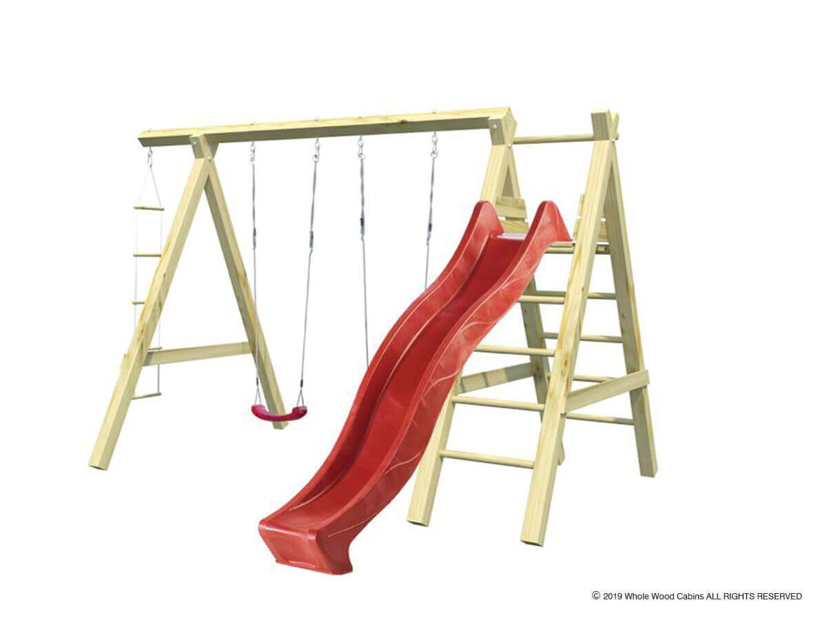  Outdoor swing set Sofia with rope ladder and red slide by WholeWoodPlayhouses on white background