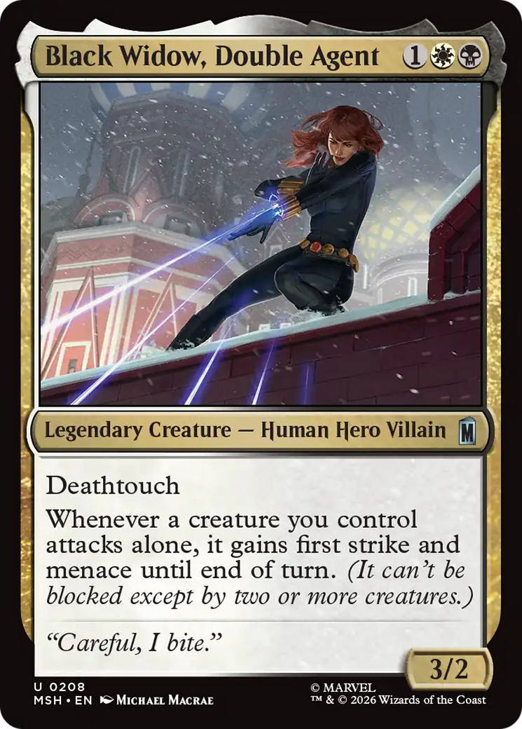 The MTG card Black Widow, Double Agent from the set Marvel Super Heroes.