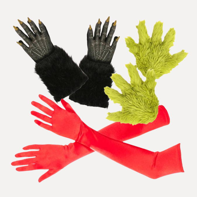 Red long gloves, werewolf gloves and grinch gloves on grey background. Shop all gloves.