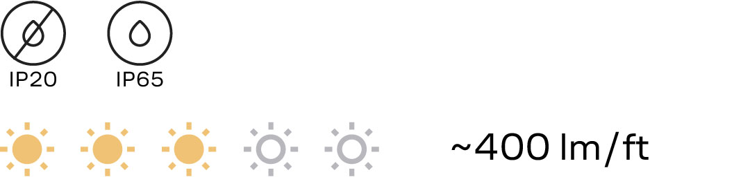 Icons indicating IP20 and IP65 ratings with lumens measurement.