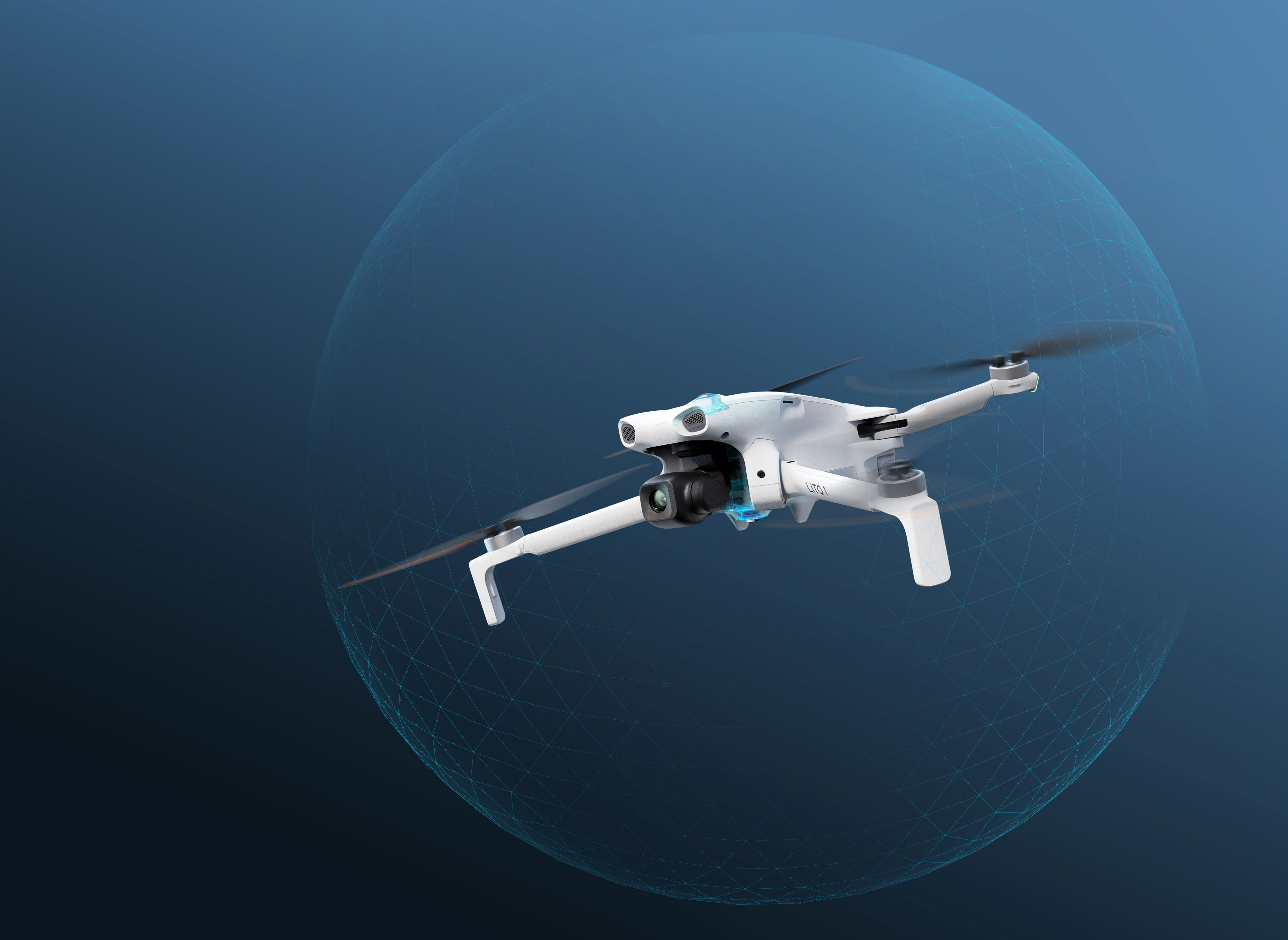 A DJI Lito 1 drone flying against a blue background.