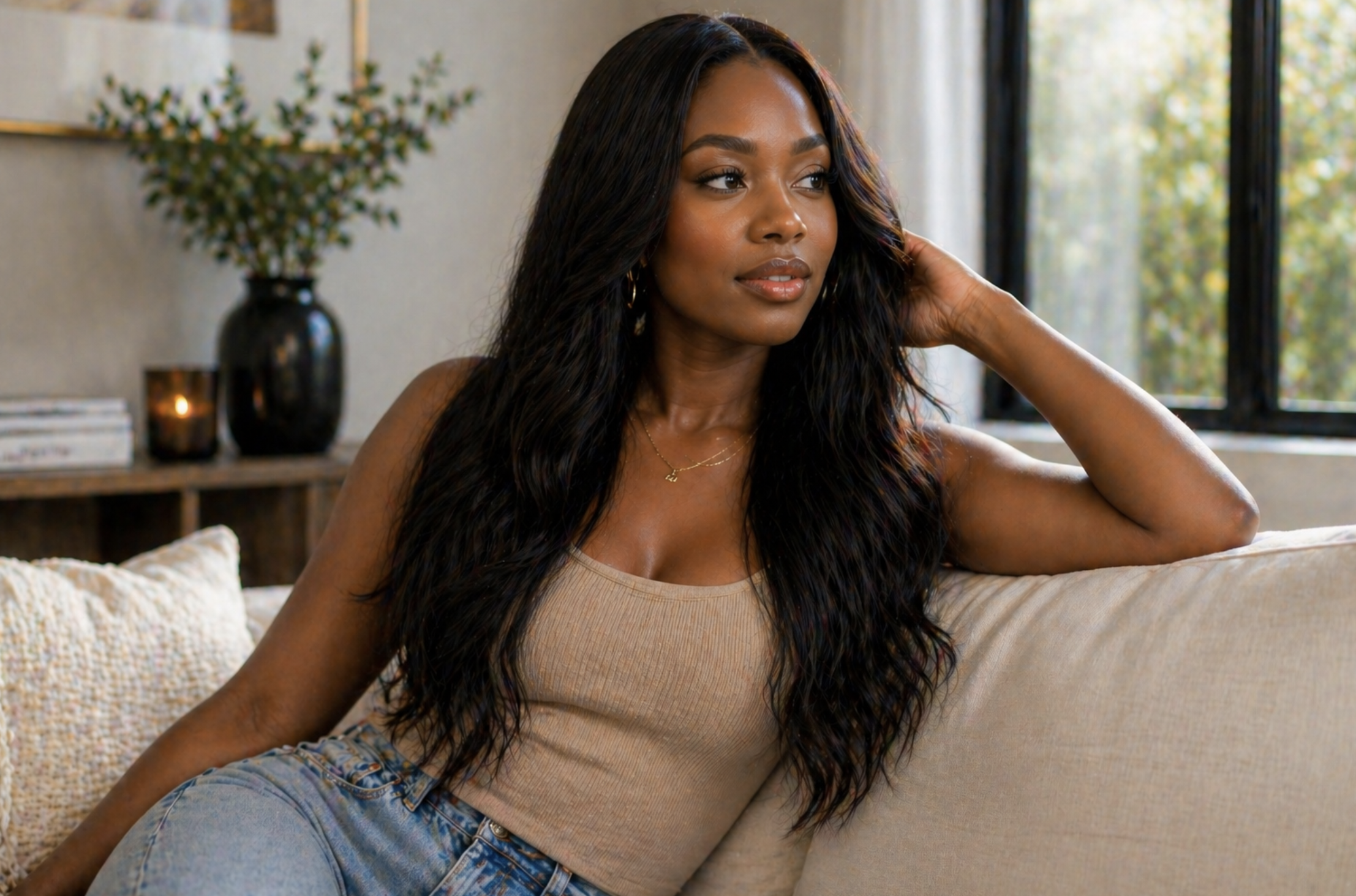 A woman with long hair sitting on a couch, looking thoughtfully.