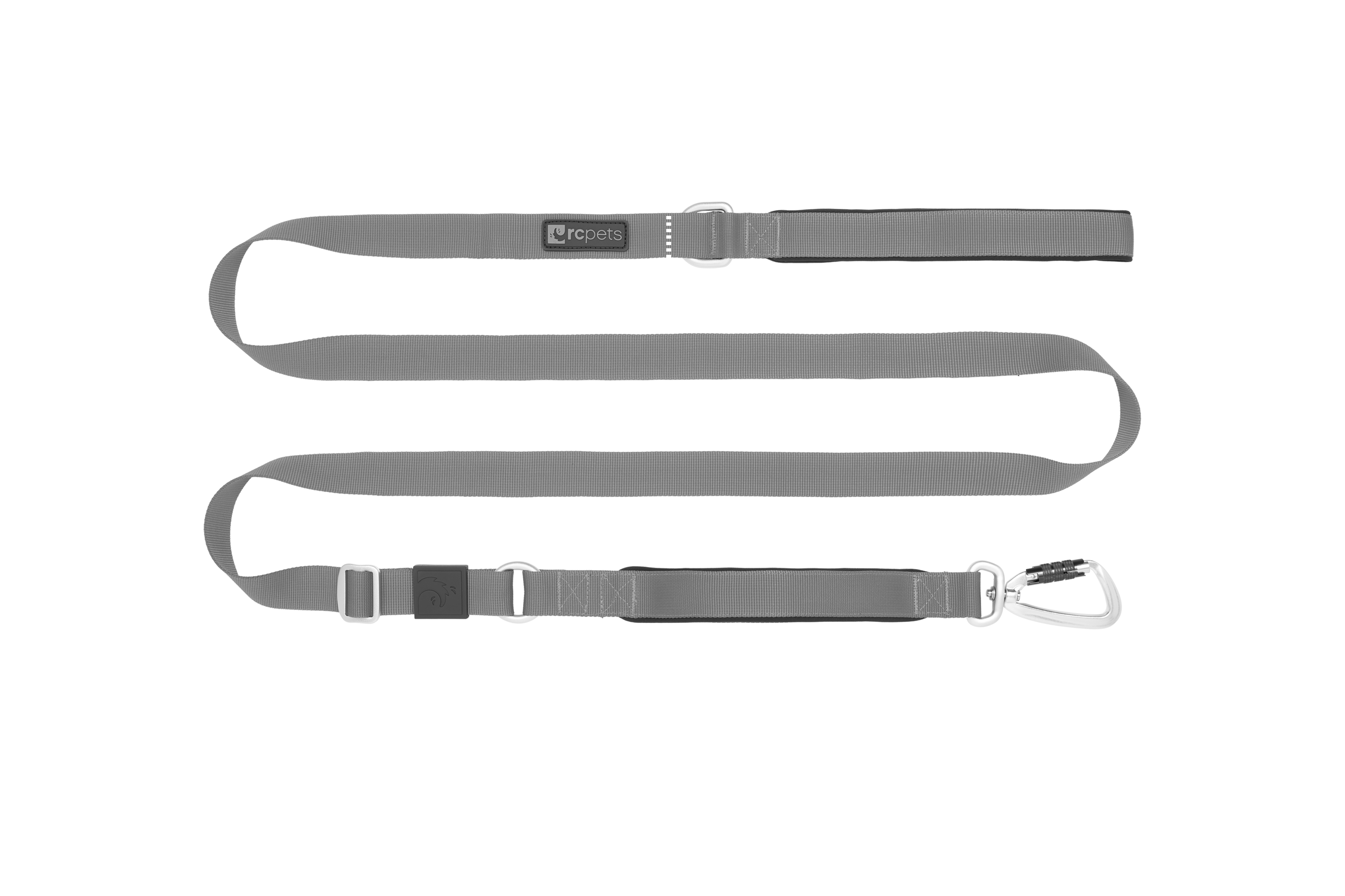 A grey dog leash with a clip and adjustable length.