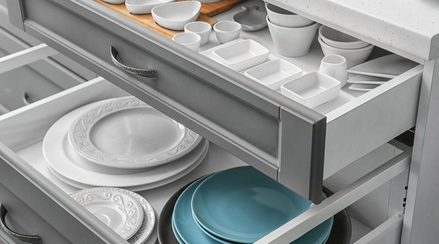 tidy kitchen drawers open with tableware