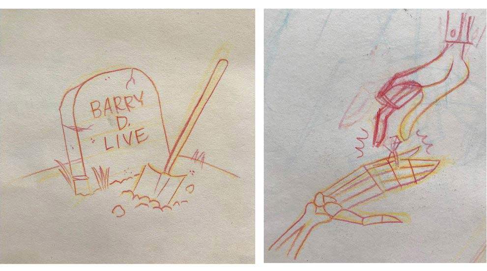 Sketches of grave and skeleton hand in red and yellow pencil
