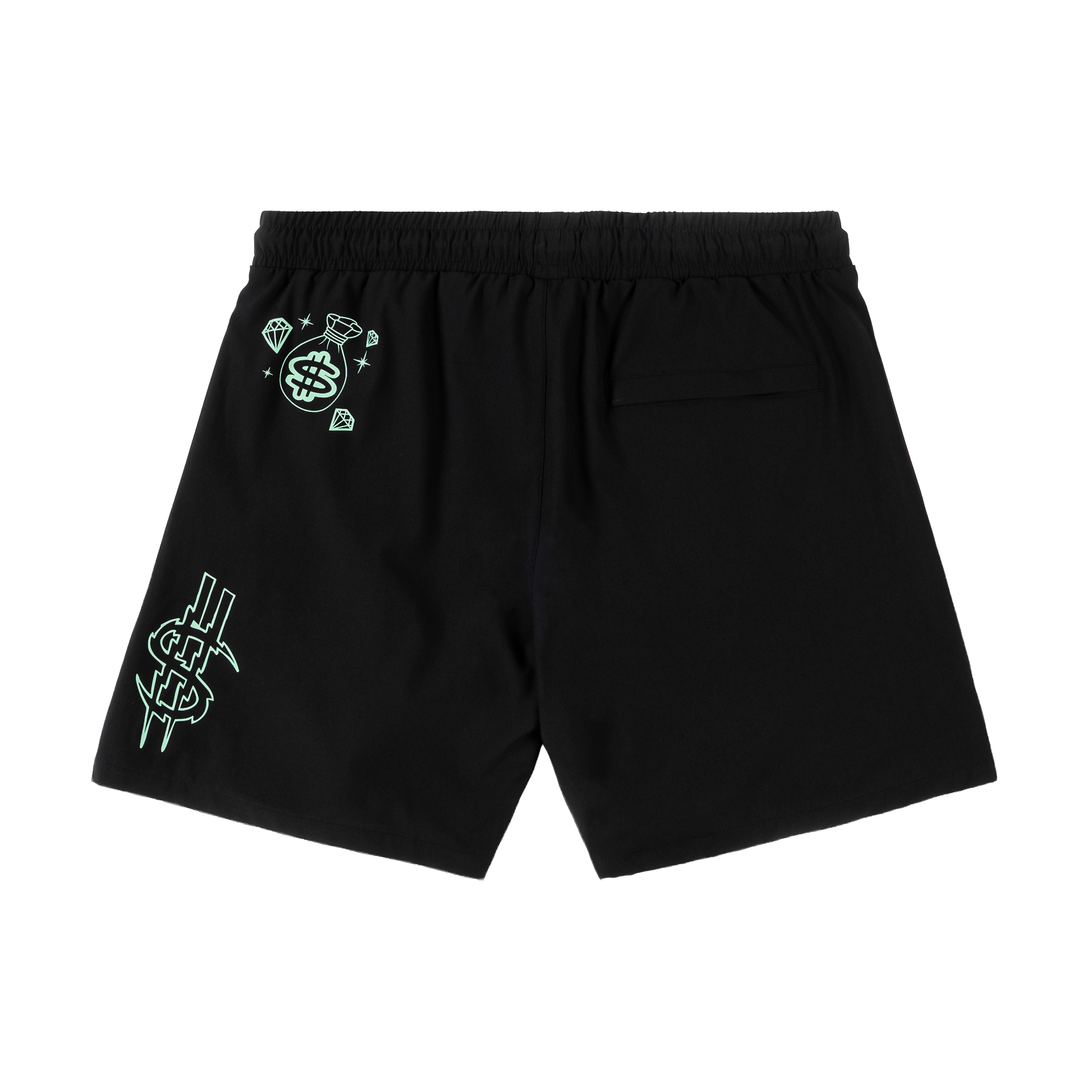 Black shorts with colorful cartoon graphics and diamond design.
