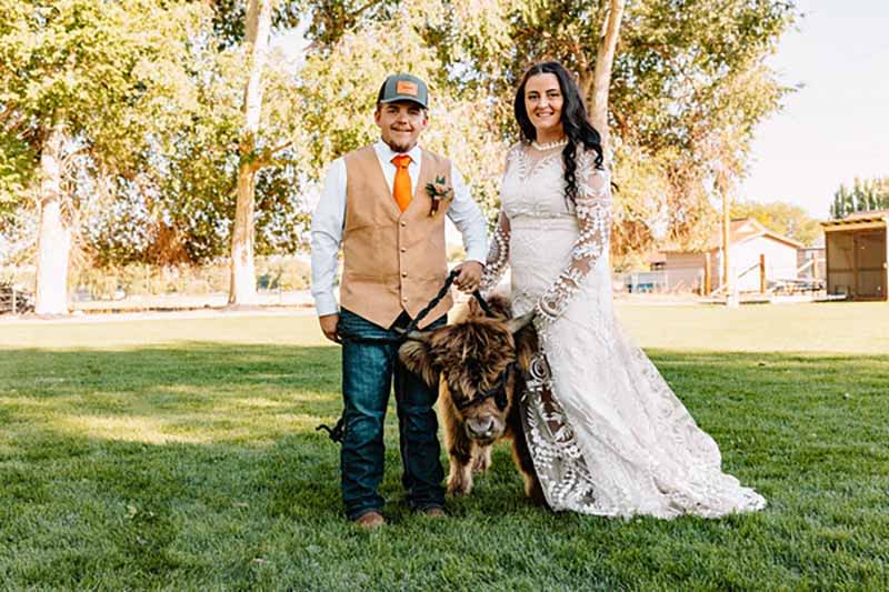 A bride and groom with a miniature cow