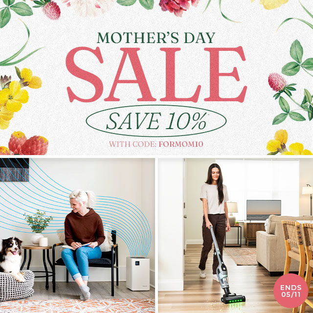 Mother's Day sale advertisement featuring women and floral designs. Save 10%.