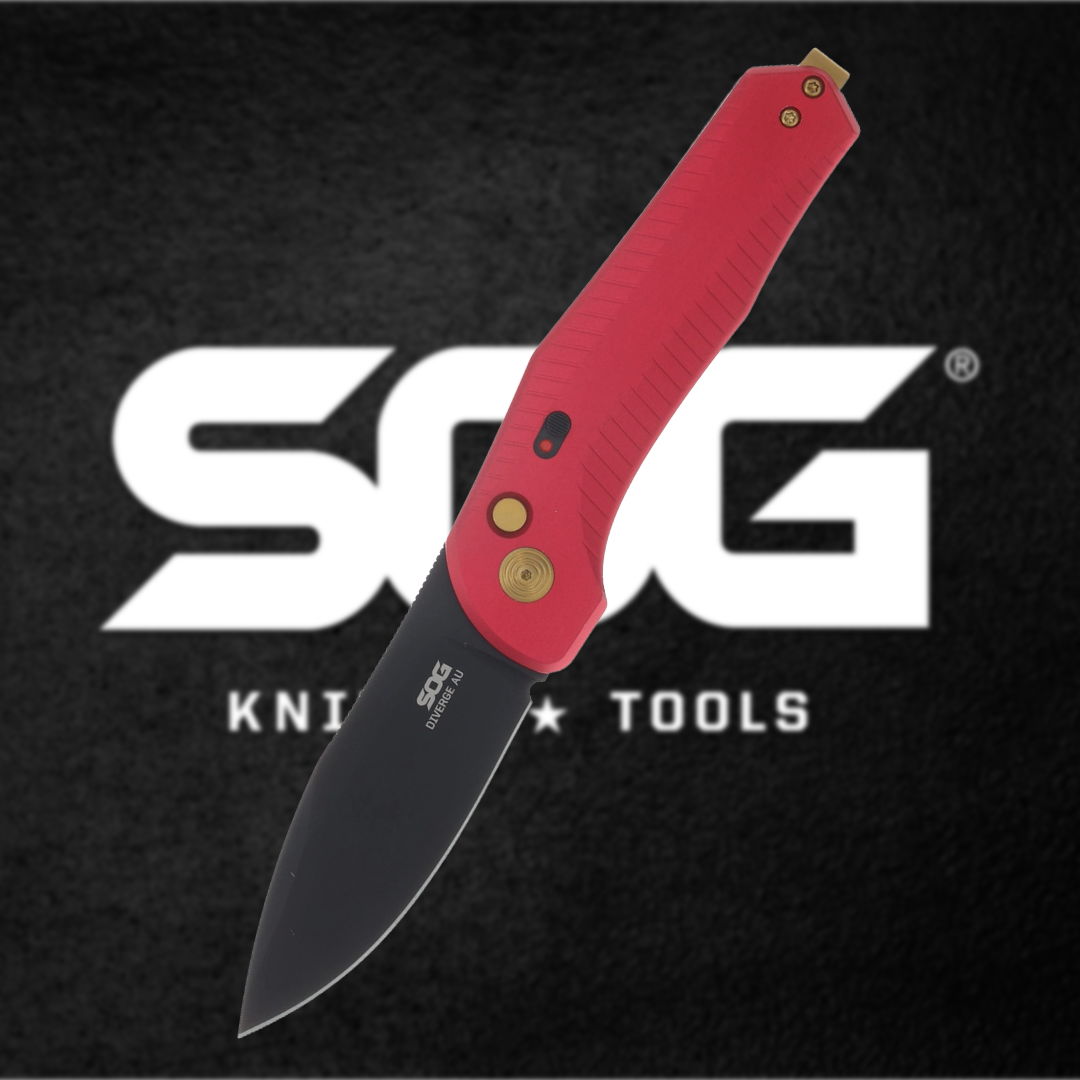 Red folding knife with black blade over SOG logo background.