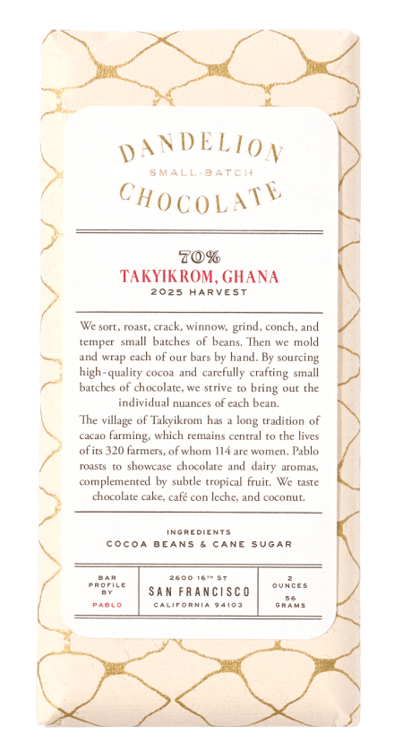 Dandelion Chocolate Takyirom, Ghana, 2023 harvest packaging with ingredients listed.