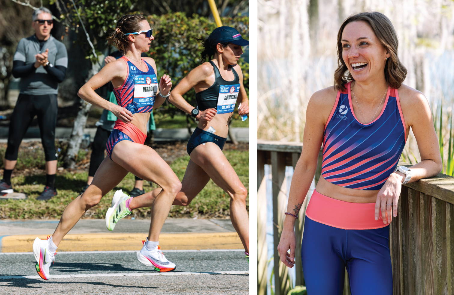 Left: Carrie Verdon racing the Olympic Marathon Trials. Right: Portrait of a happy Carrie Verdon in her Oiselle uniform