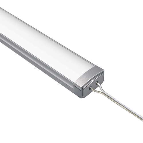 LED light fixture with silver casing and connecting wire.