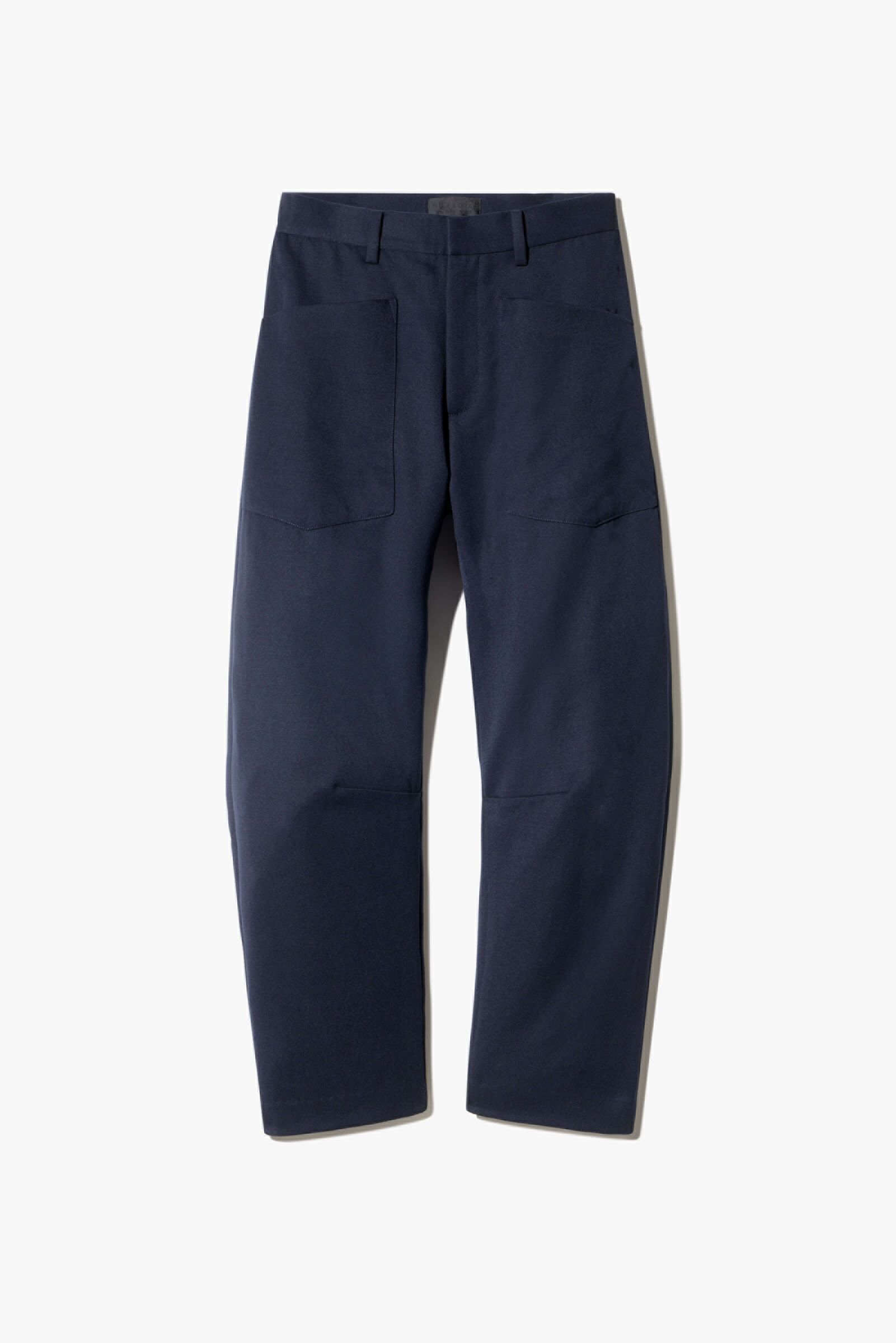 Navy blue pants laid flat on a white background.