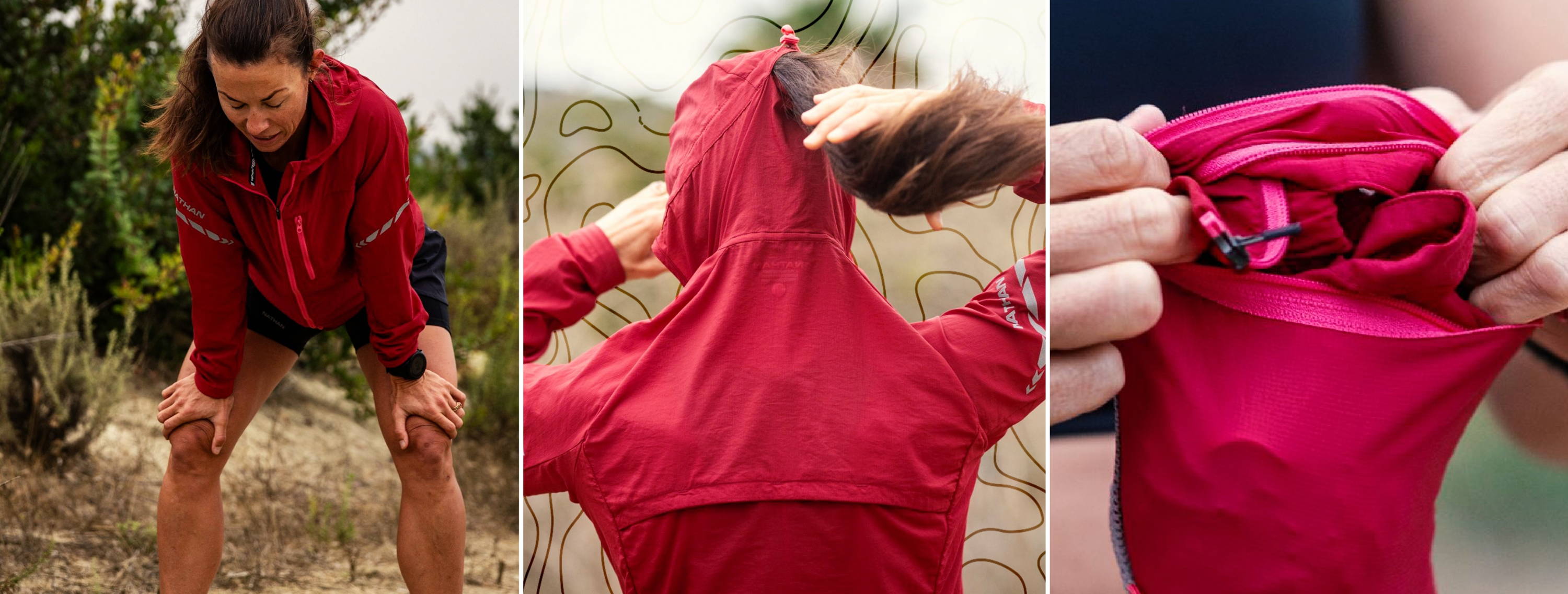 Trio of images showing a woman wearing a Nathan Stealth Jacket, showcasing the hood and the compactibility