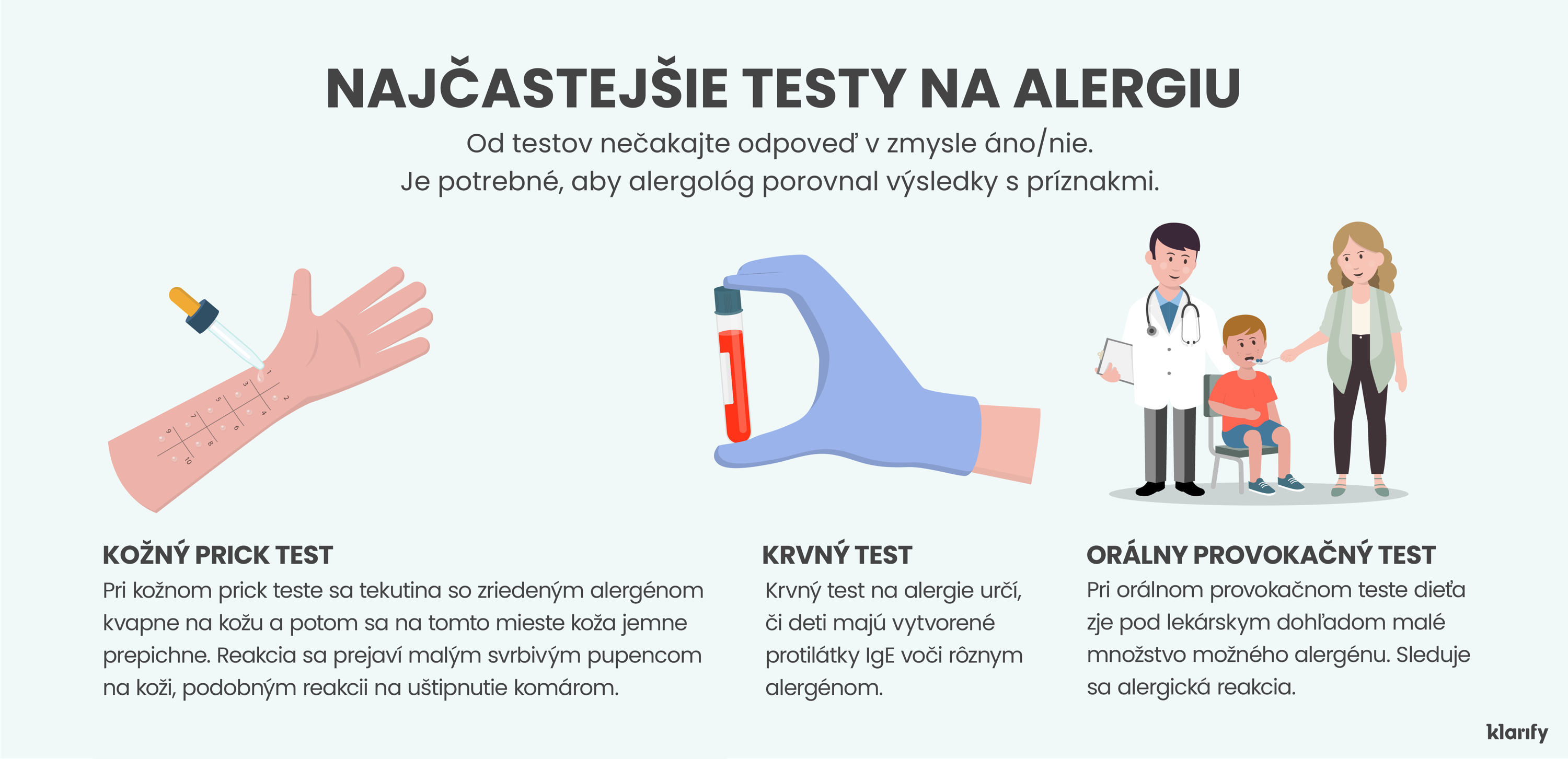 Infografika popisujúca testovanie na alergie u detí, ktorá zobrazuje tri najbežnejšie typy testov. Podrobnosti infografiky sa nachádzajú nižšie