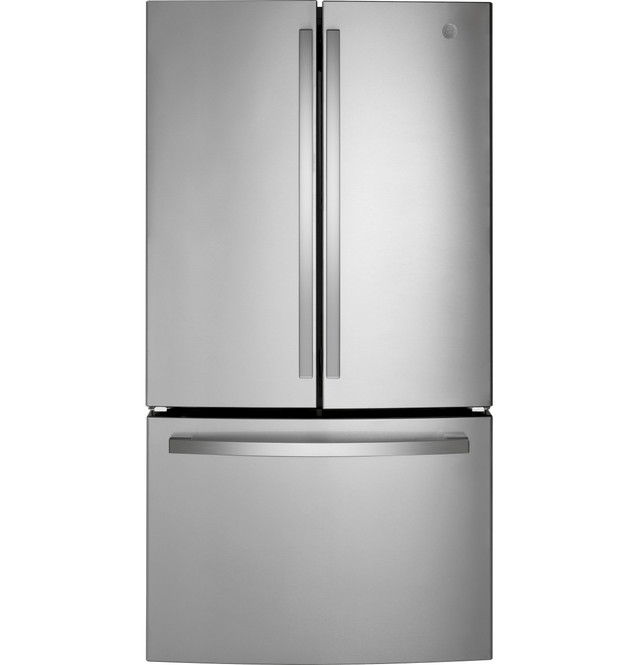 Silver stainless steel refrigerator with two doors and a bottom freezer.