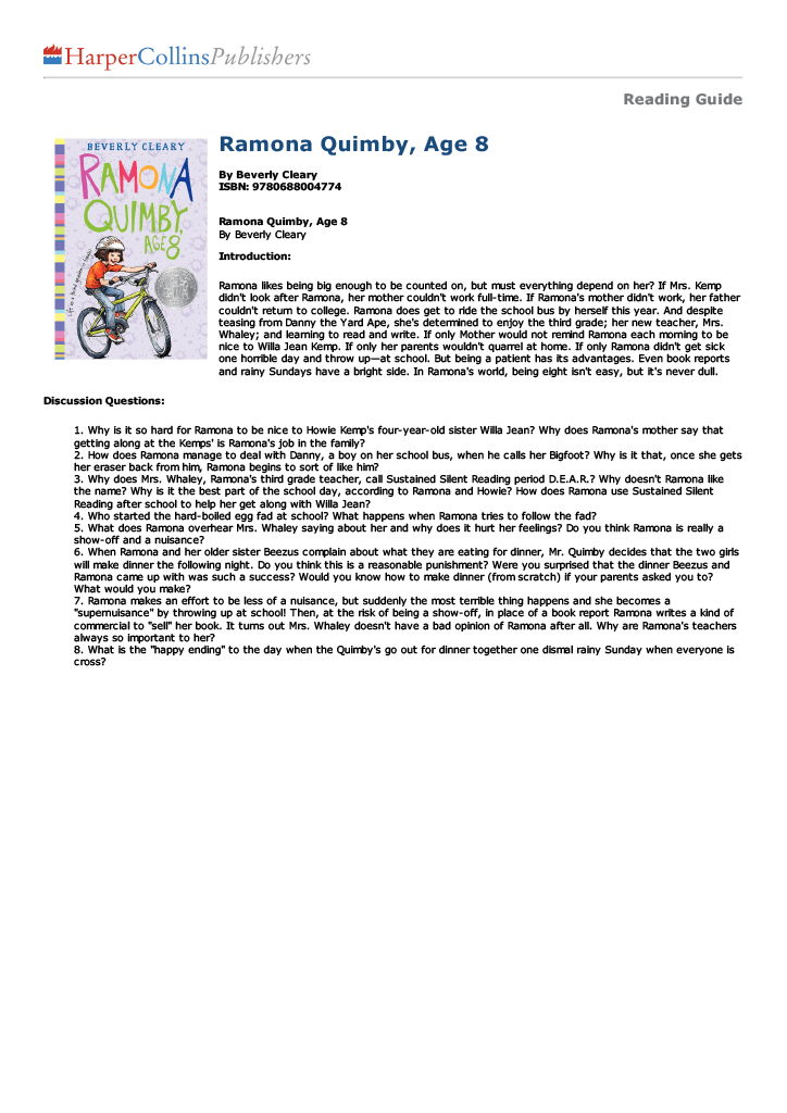 Reading guide for 'Ramona Quimby, Age 8' by Beverly Cleary.