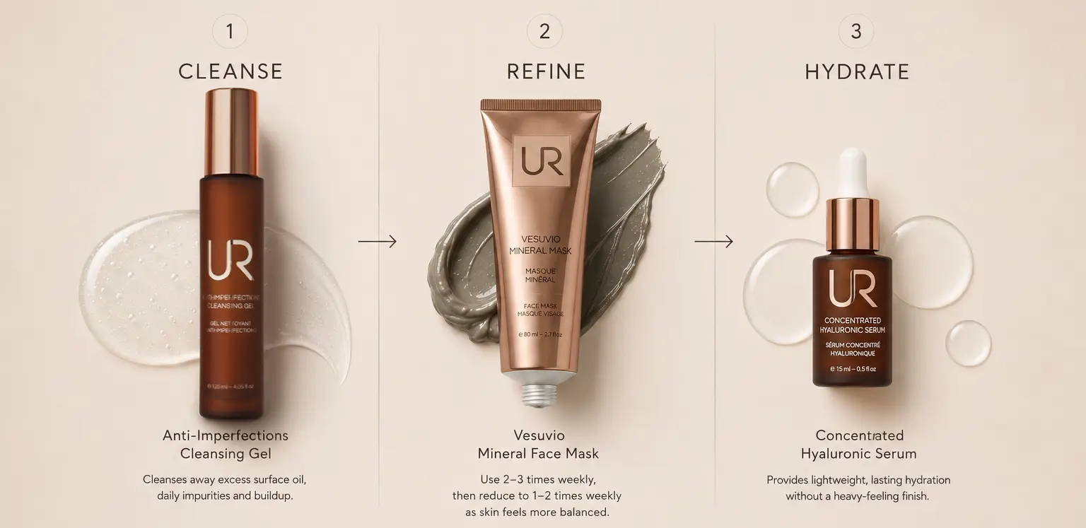 UR Clear & Balanced Skin Ritual products: Cleanse, Refine, Hydrate.
