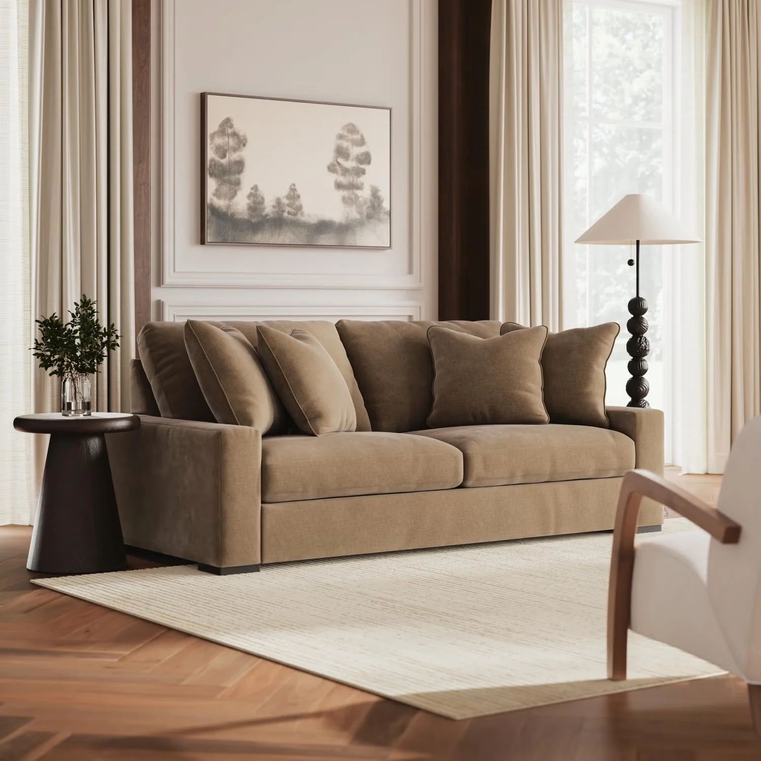 A cozy brown sofa with cushions in a stylish living room.