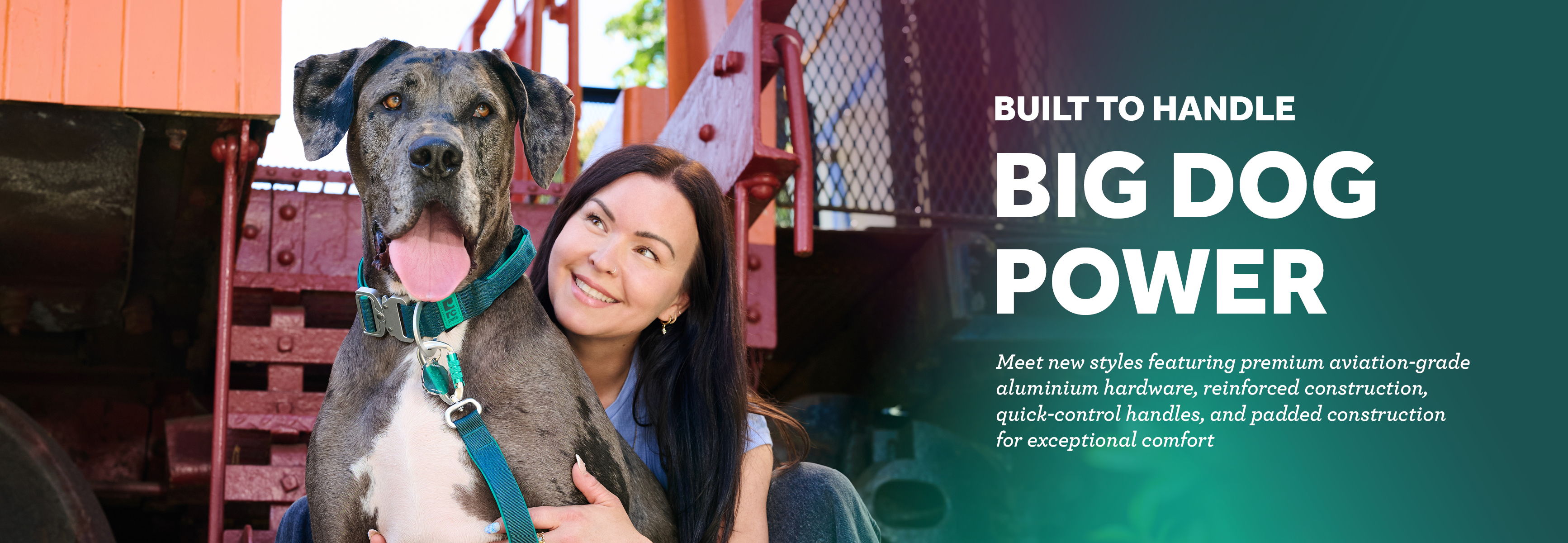 Home page Hero banner - lady with big dog who wear Stratus Collar