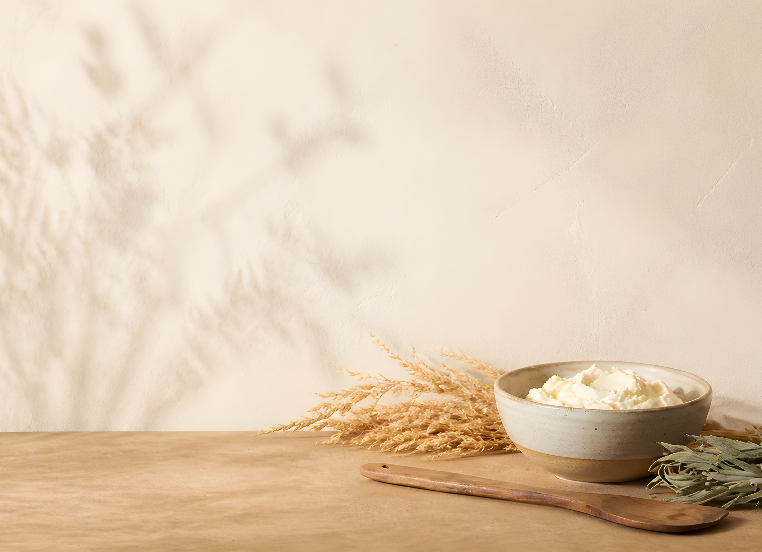 A bowl of flour with wheat and herbs on a wooden table.