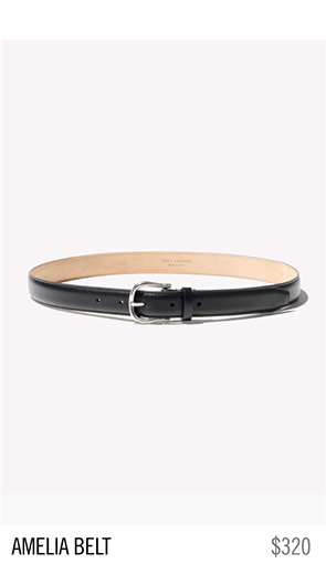Black leather belt with silver buckle, labeled 