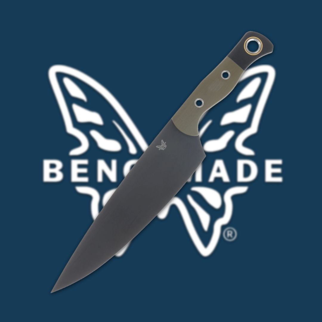 Benchmade knife on a blue background with a butterfly logo.