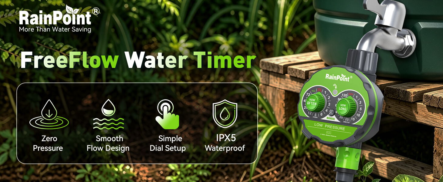 FreeFlow Water Timer by RainPoint, featuring garden and watering icons.