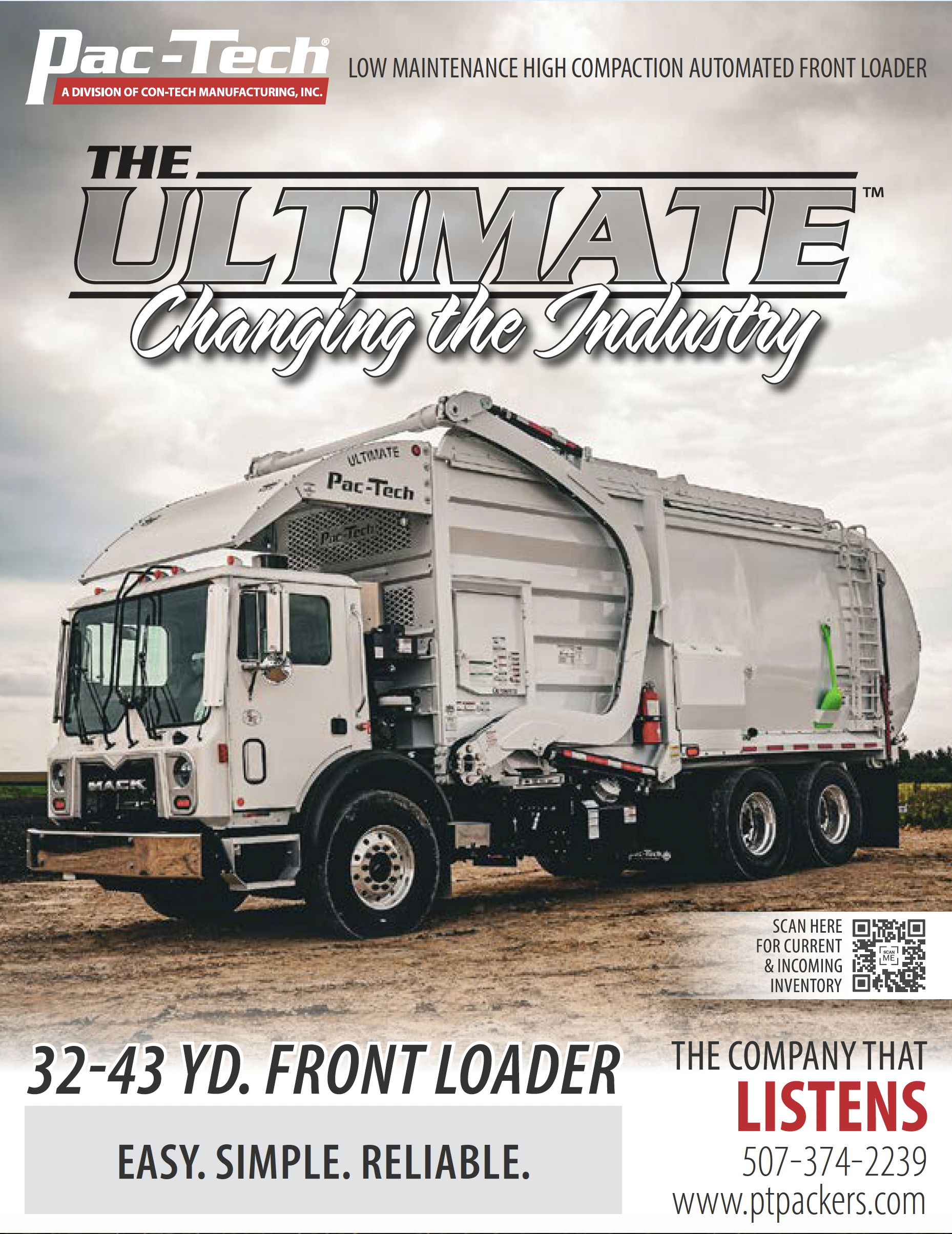 A front loader garbage truck with promotional text and company branding.
