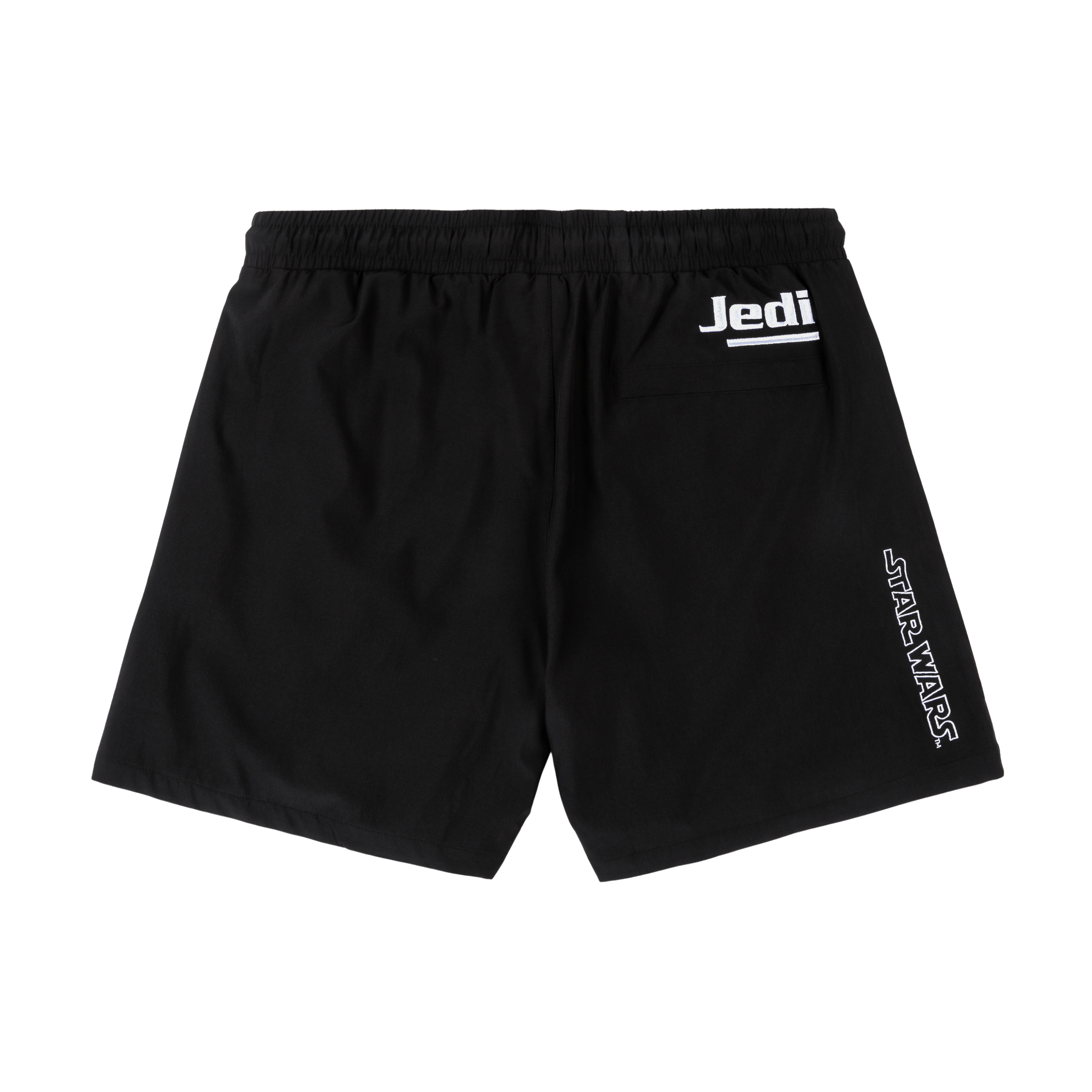Black shorts with a blue lightsaber graphic and 