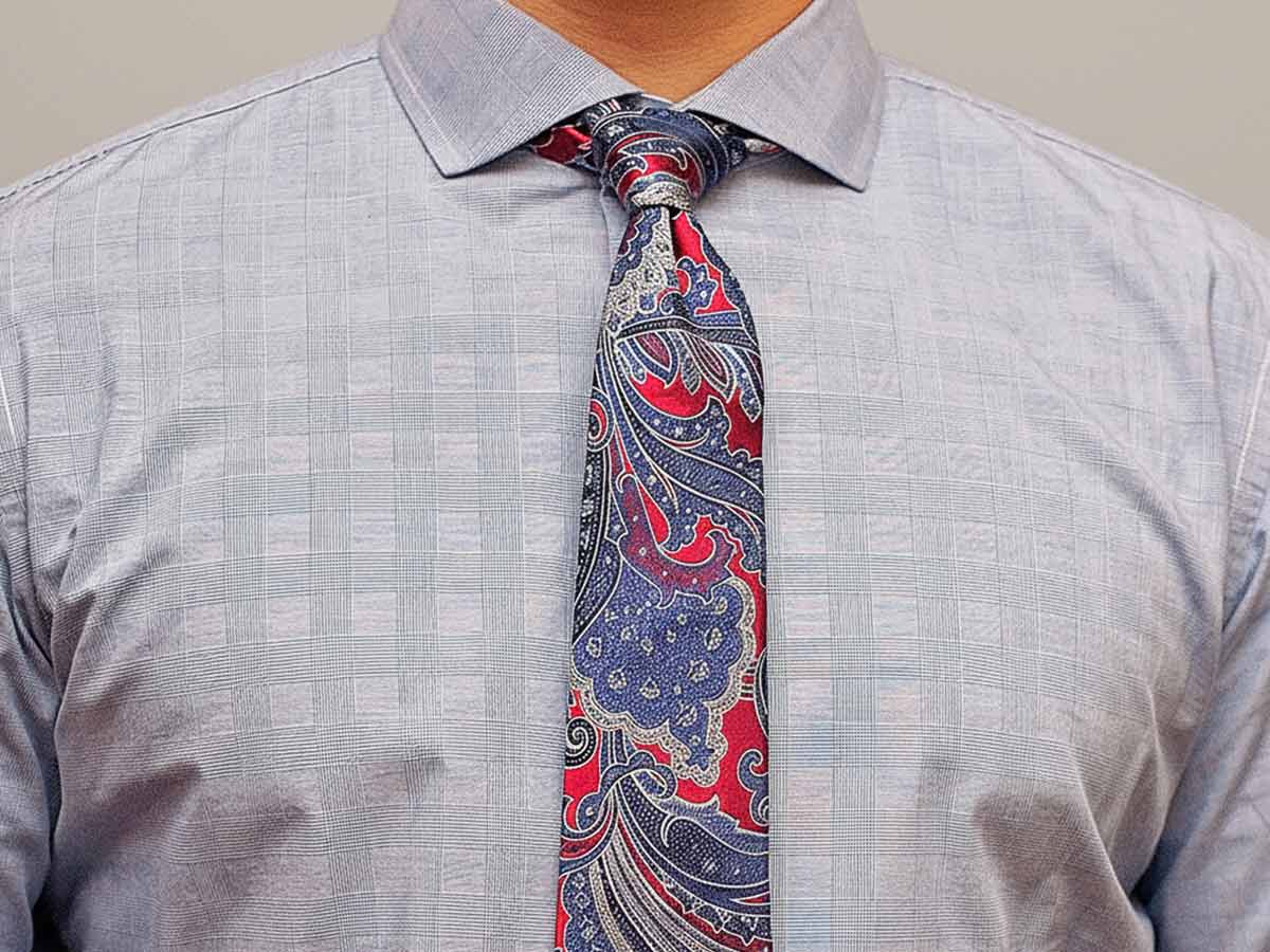 Man wearing a red and blue paisley tie with a windowpane shirt.