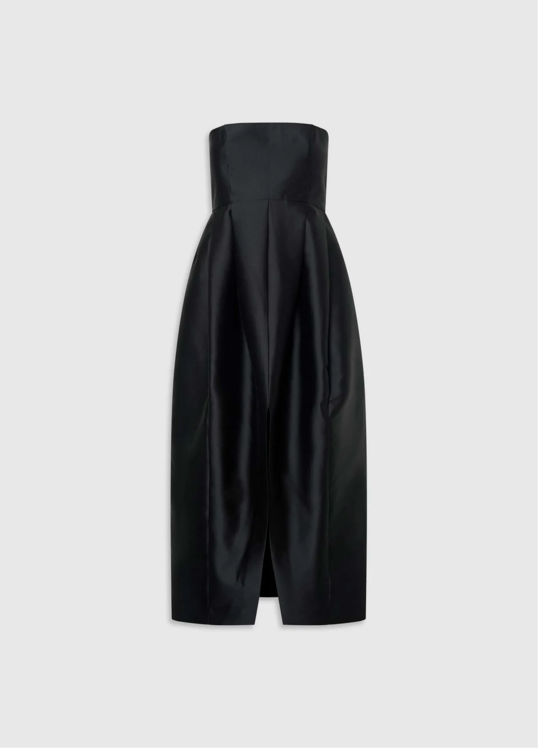 Black strapless dress with a flowing silhouette and front slit.