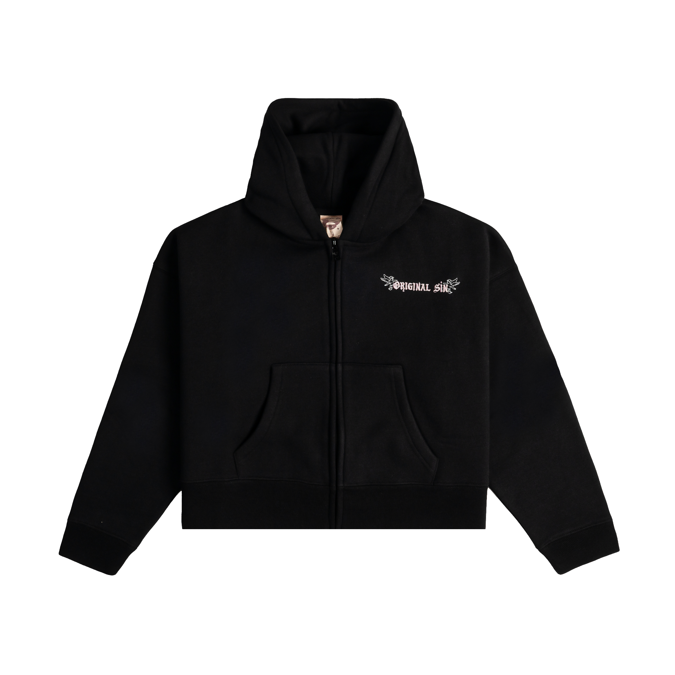 Black zip-up hoodie with a front pocket and logo.